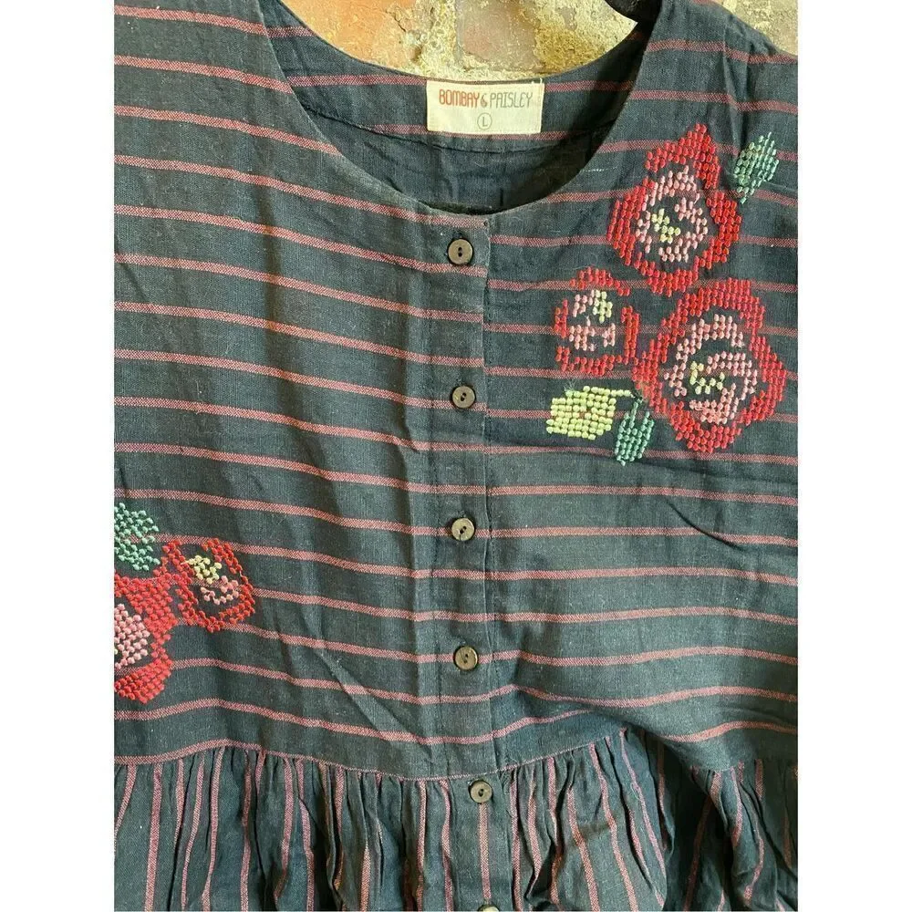 Bombay Paisley Dark Blue Red Stripe Floral Embroidered Button Down 3/4 Sleeve Mi - Picture 4 of 16